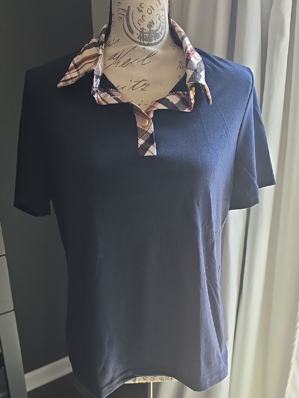 Navy Plaid-collared Shirt w/ 3 Buttons